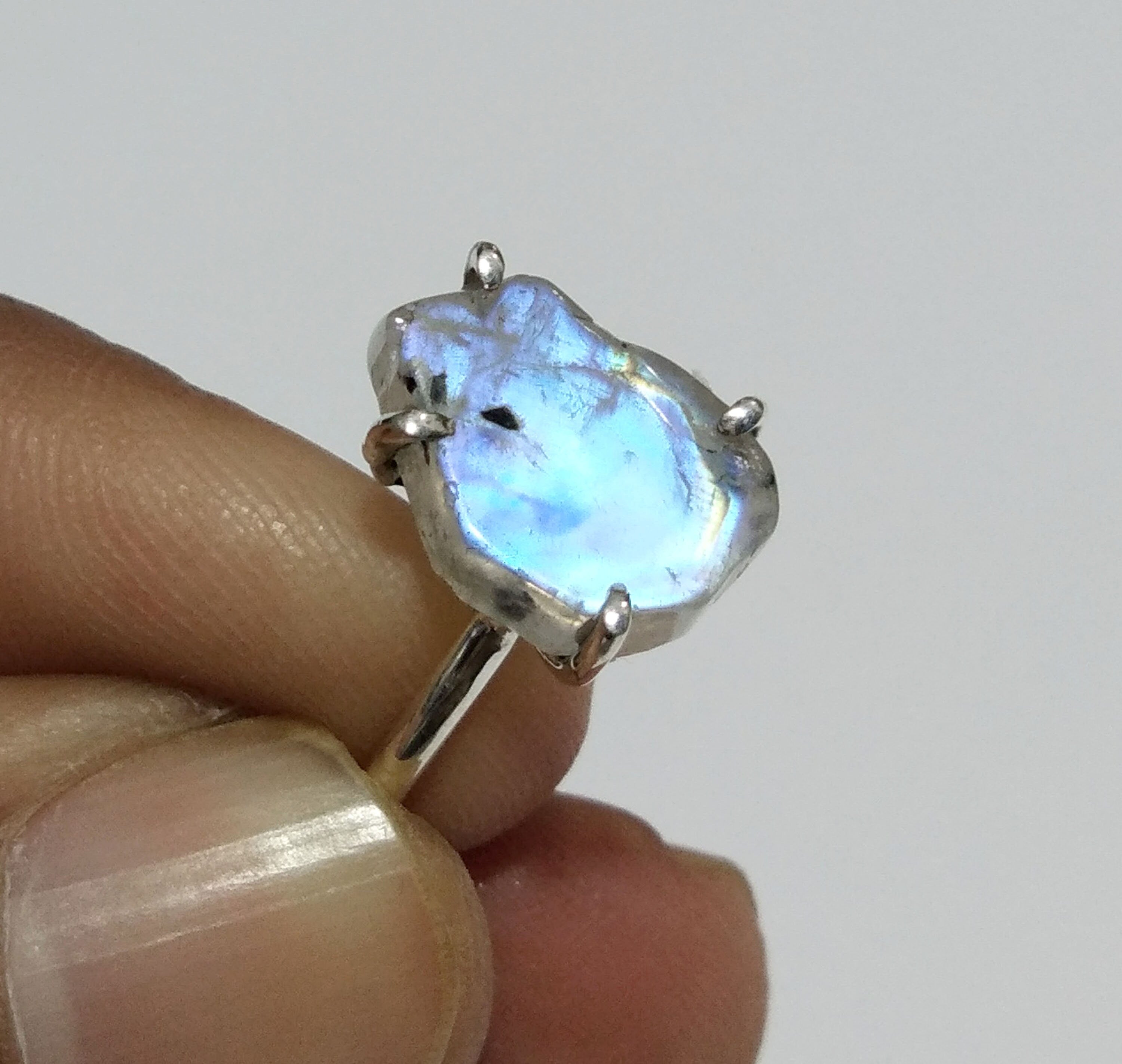 Natural Raw Rainbow Moonstone Rough Stone Ring, Solid 925 Sterling Silver Ring, Moonstone Stone Size 13x8mm Handmade Ring Gift Birthday Ring